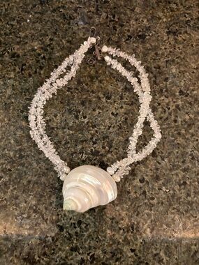 Meg Carter Designs Pearlescent Shell Pendant Necklace with Clear Beads